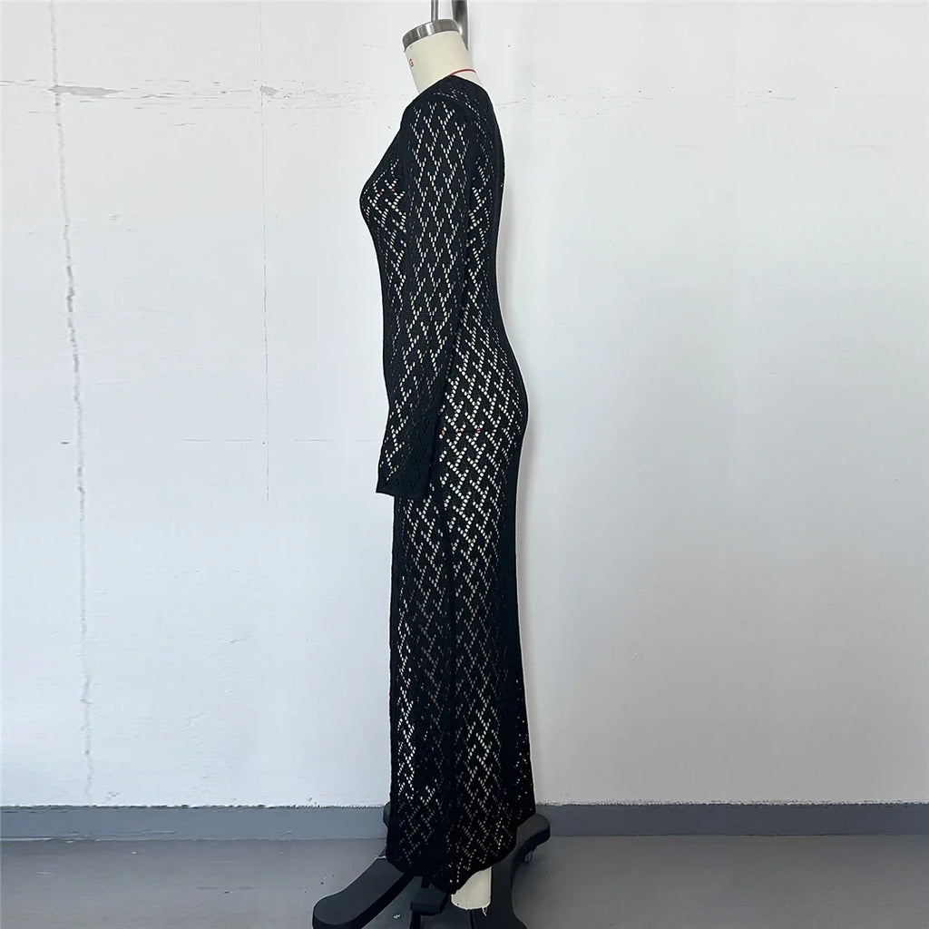 3 Colors Long Sleeve Cut Out Crochet Knitted Tunic Beach Cover Up Cover-ups Beach Dress Beach Wear Beachwear Female Women K6536