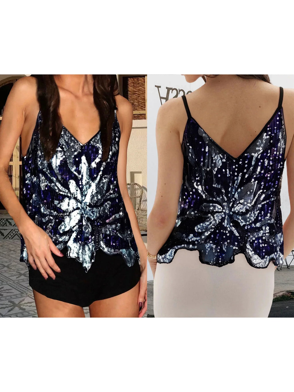 Women's Summer Loose Glitter Sequin Cami Tops Sleeveless Spaghetti Strap V Neck Camisole Clubwear