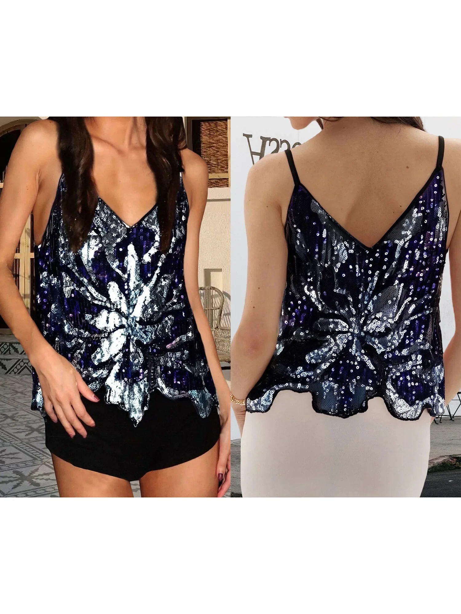 Women's Summer Loose Glitter Sequin Cami Tops Sleeveless Spaghetti Strap V Neck Camisole Clubwear