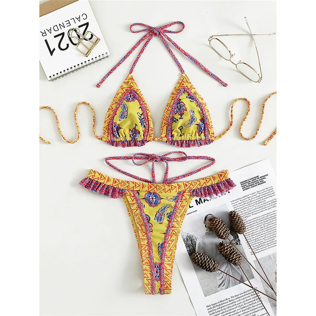 5 Colors Sexy Printed Halter Frilled Bikini Women Swimwear Female Swimsuit Two-Pieces Bikini Set Bather Bathing Suit Swim V4651