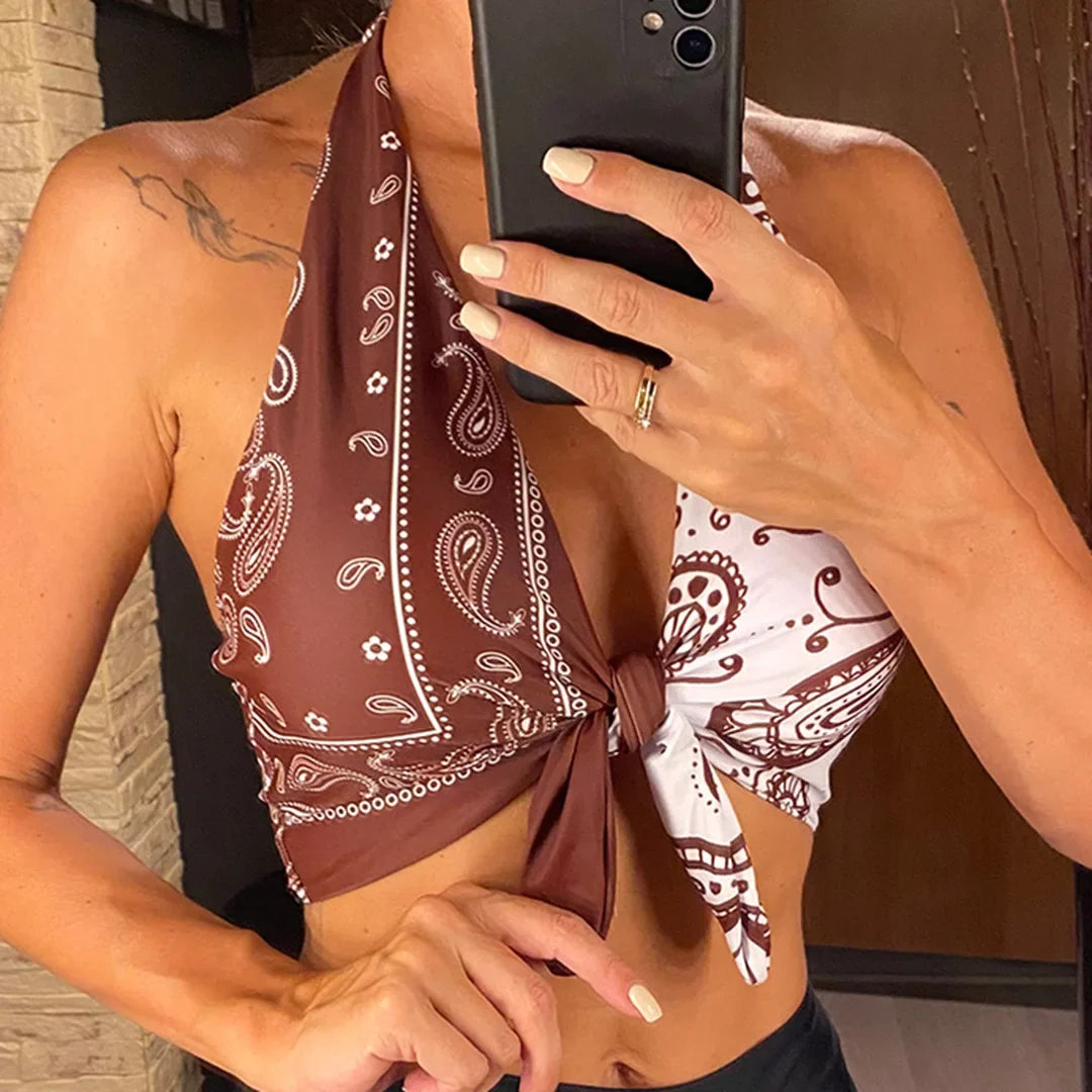 XS - L Sexy Printed Splicing Halter Knotted Bikini Top Female Swimsuit Women Swimwear Bather Bathing Suit Swim Beach Top V5817