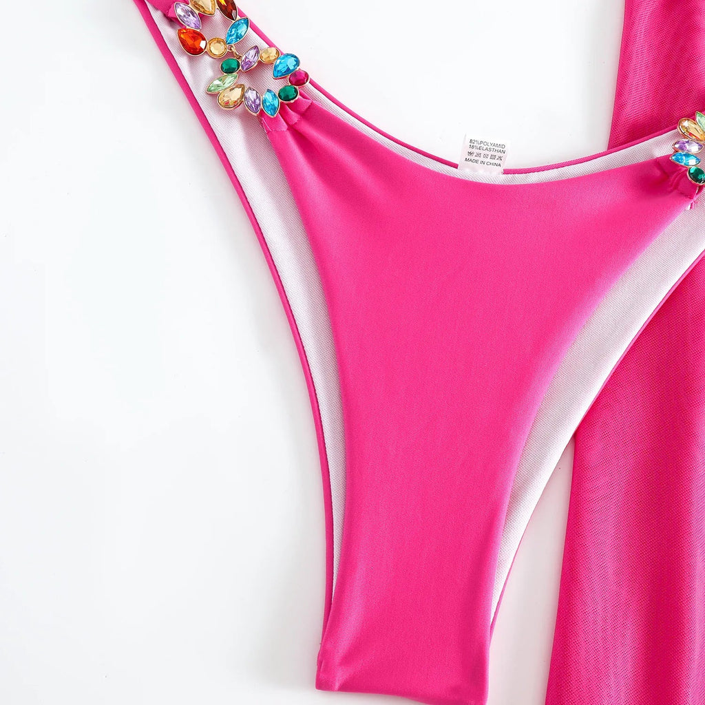 Mesh Skirt Halter Jewelled Diamond Bikini Female Swimsuit Women Swimwear Three-pieces Bikini Set Bathing Suit Swim Beachwear