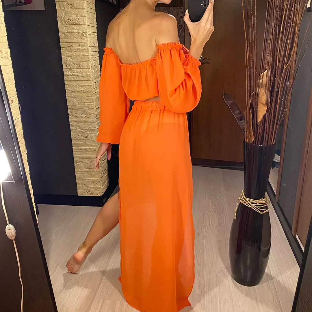 2026 Leopard Off Shoulder Long Sleeve 2 Pieces Set Beach Cover Up Cover-ups Beach Dress Beach Wear Beachwear Female Women V3728
