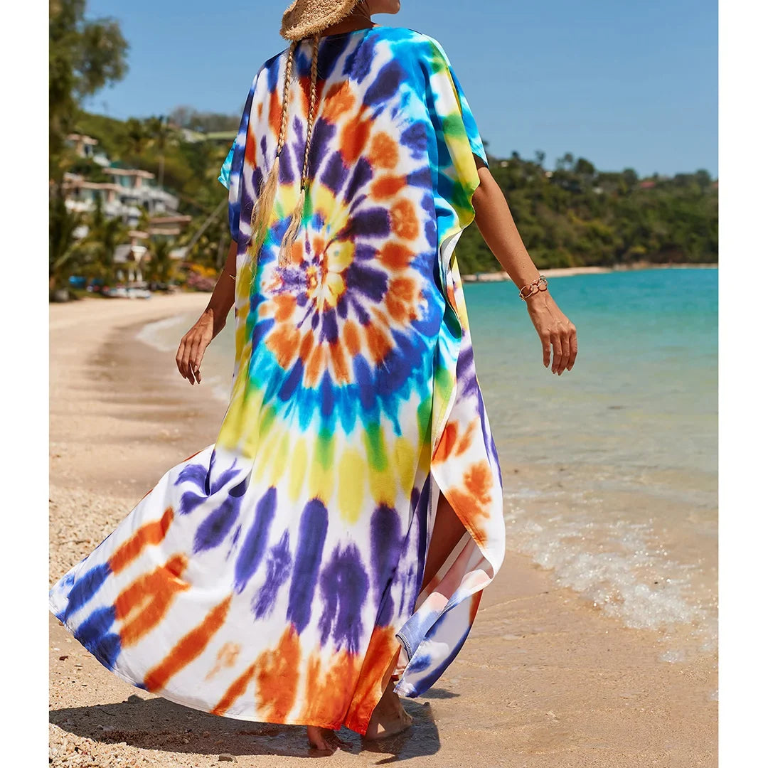 2026 New Colorful Kaftan Tunic Beach Dress Beach Wear Beachwear Beach Cover Up Cover-upsLoose Maxi Dress Female Women V4428