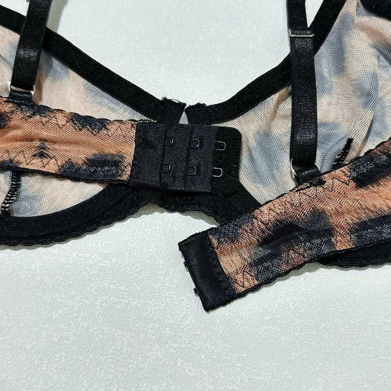 Toucheart Erotic Lingerie Leopard Print 5-piece Set with Gloves and Stockings Tie-dye Printed Sexy Hot Lingerie Suit for Women