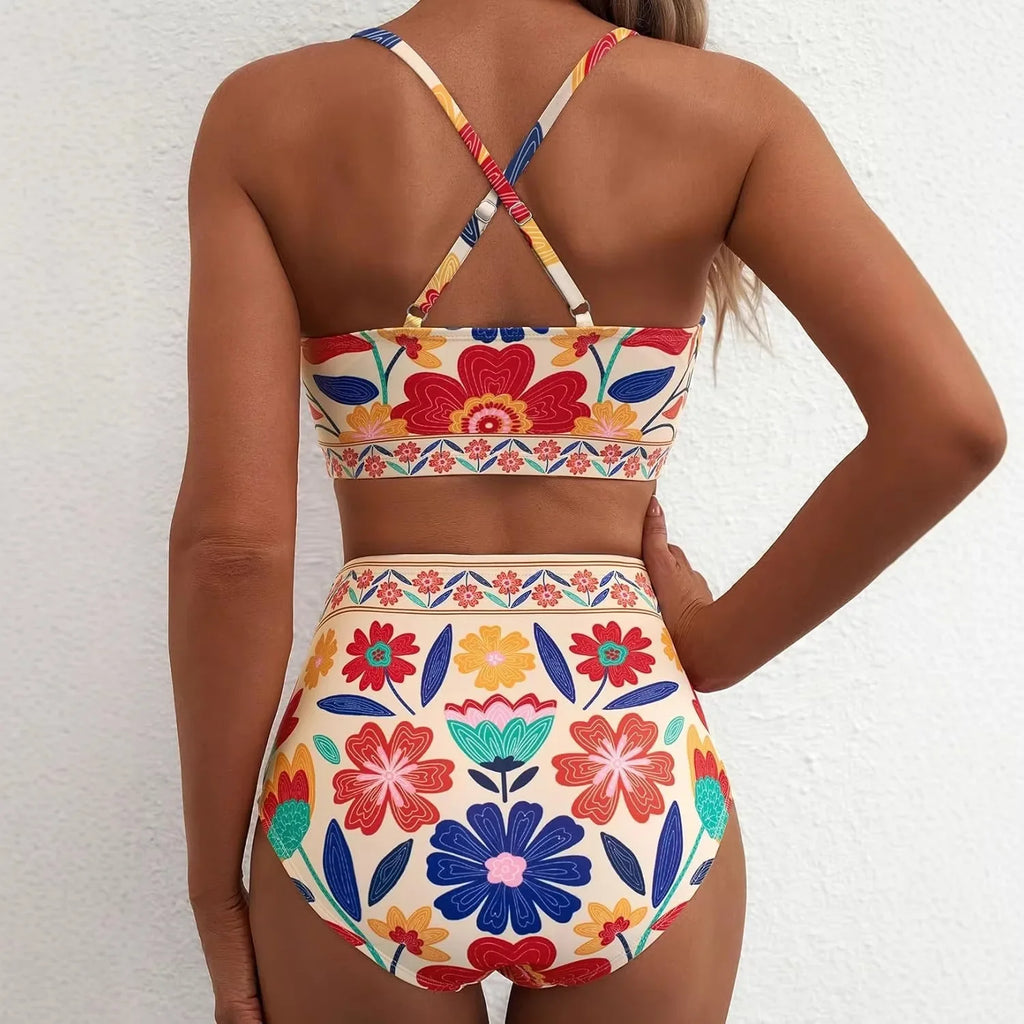 Women Sexy Floral Bikini High Waist Tummy Control Floral Bikini U Line Cross Back Padded Bikini Two Piece Beach Swimsuit
