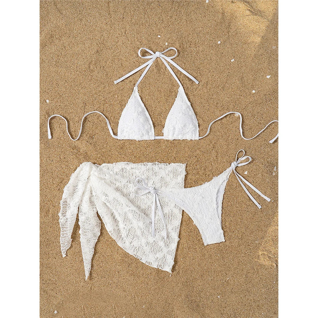 2 Colors Sexy With Sarong Halter Bikini Female Swimsuit Women Swimwear Three-Pieces Bikini Set Bather Bathing Suit Swim V6669B