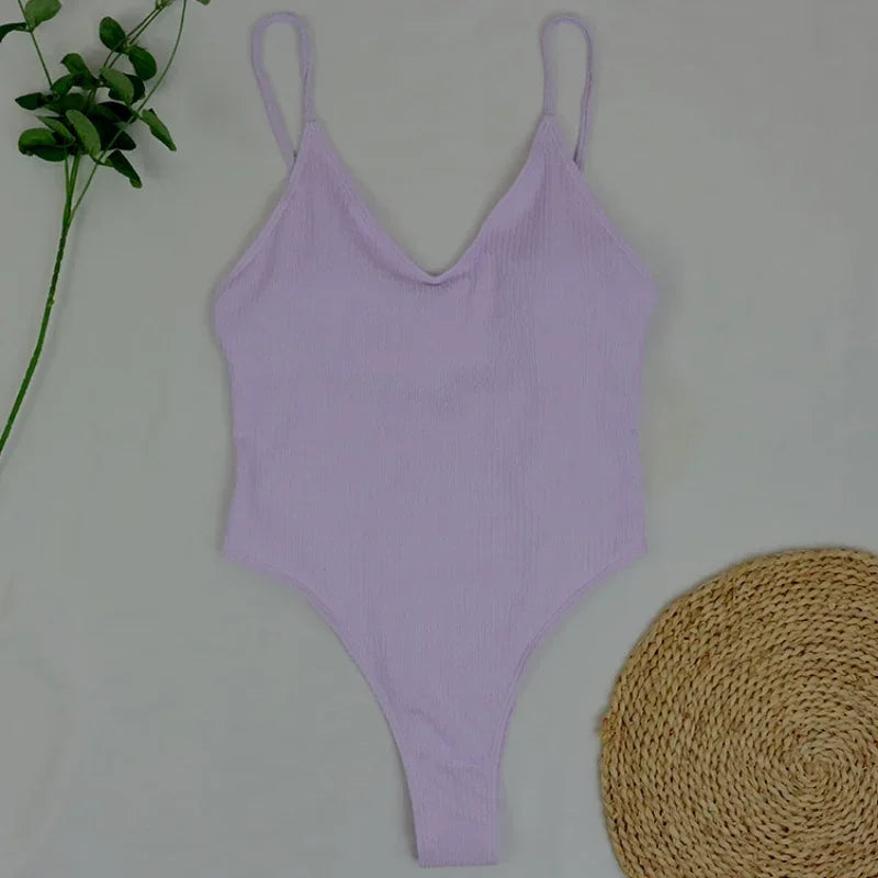 2026 Sexy One Piece Swimsuit Swimwear Women Pit Striped V-neck Backless Retro Solid Beachwear Bathing Suit Maillot De Bain Femme