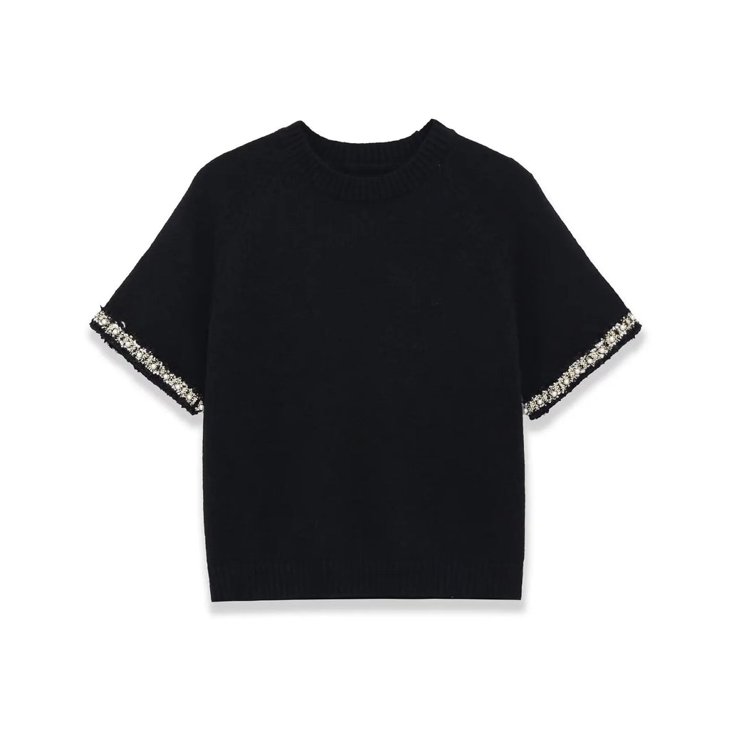 Fashion Casual Short-sleeve Knit Top With Black Short Sleeve Knit Top Gold Button Detail Round Neck Slim Fit Casual Sweater GRQ4