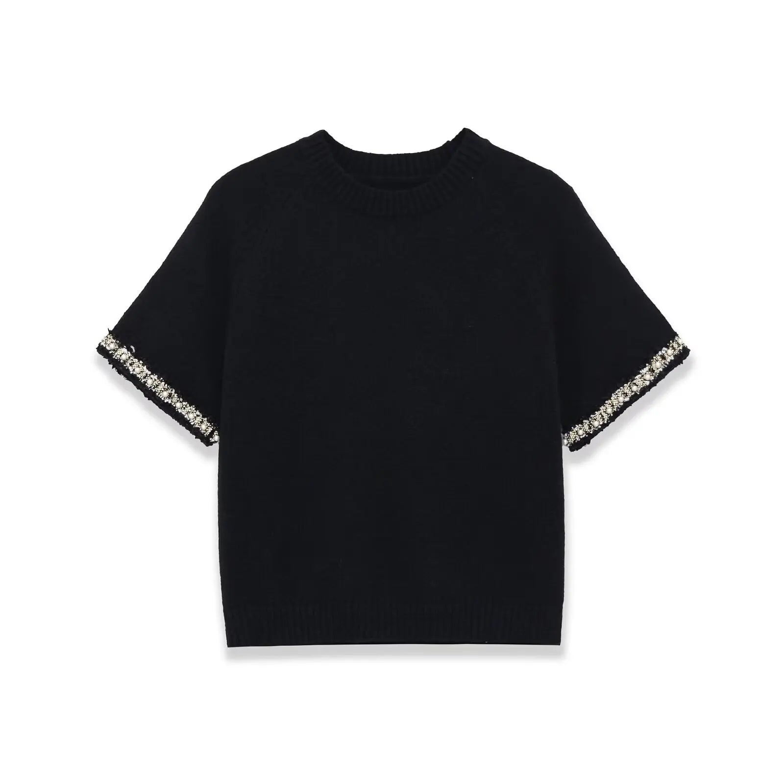 Fashion Casual Short-sleeve Knit Top With Black Short Sleeve Knit Top Gold Button Detail Round Neck Slim Fit Casual Sweater GRQ4