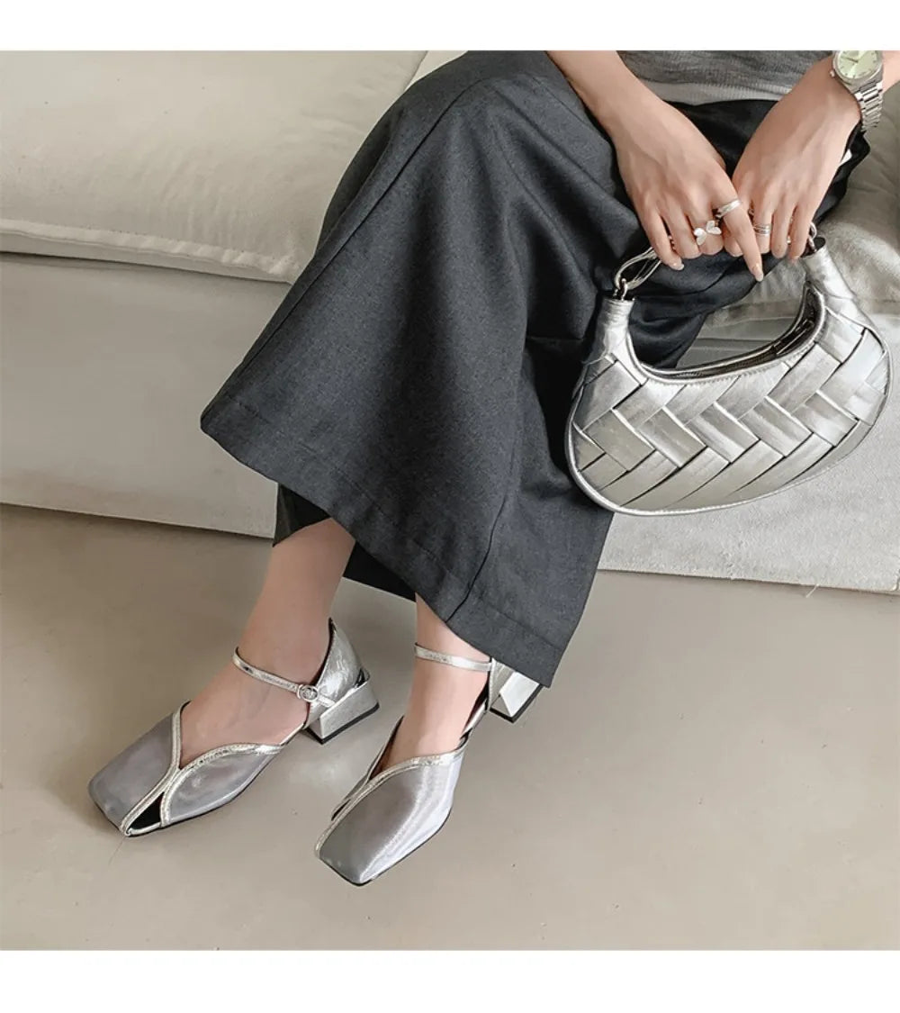 Summer Shallow Women Silver Flats Square Toe Design Beach Sandals Black Mesh Breathable Organza Mary Janes Chaussure Femmes