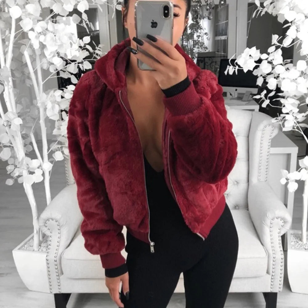 Phantasy Women's Hoodies Women Clothing Streetwear New Style Fashion Hooded Imitation Fur Plush Coat Solid Color Jacket Female