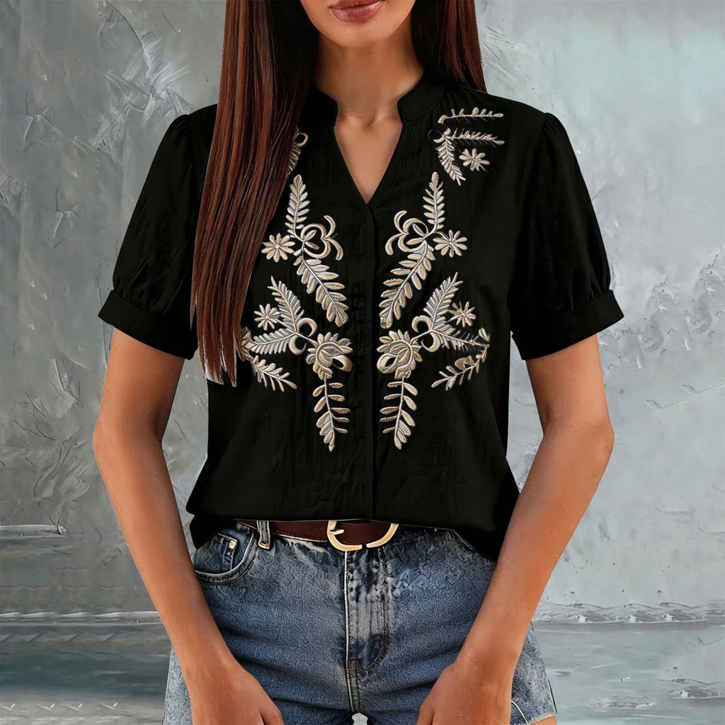 Women Floral Embroidery Puff Short Sleeve T Shirt Stand Collar V Neck Button Down Loose Solid Tees Summer Boho Casual Office Top