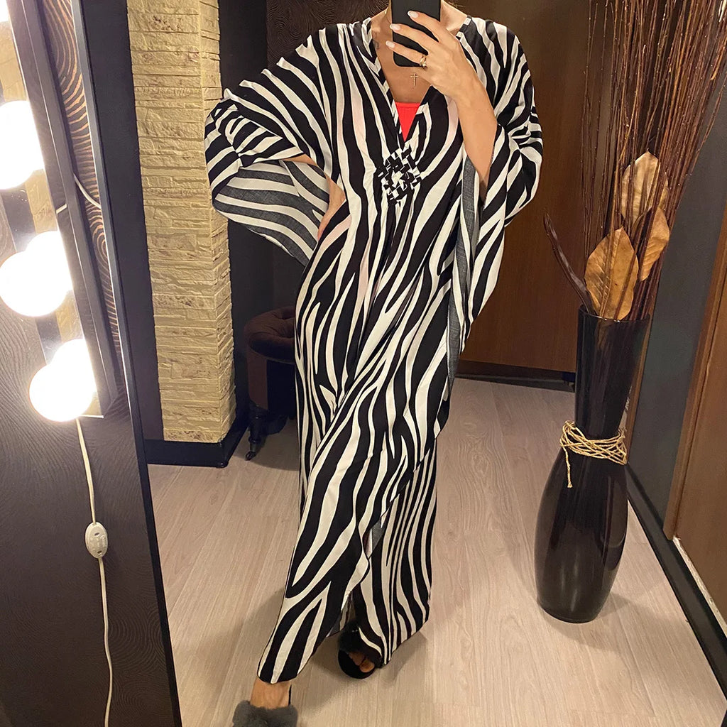 Sexy Zebra Printed V Neck Tunic Beach Cover Up Cover-ups Beach Dress Beach Wear Beachwear Beach Long Dress Female Women V4159