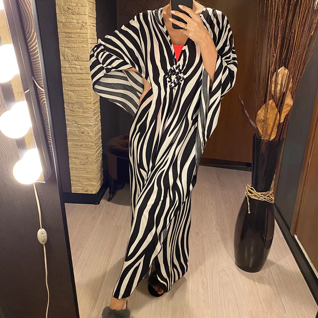 Sexy Zebra Printed V Neck Tunic Beach Cover Up Cover-ups Beach Dress Beach Wear Beachwear Beach Long Dress Female Women V4159