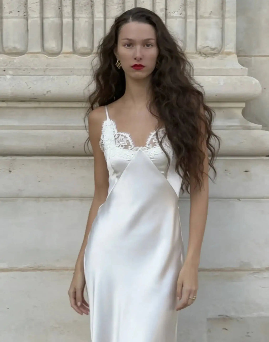 Women's Fashion Casual Style Satin Ice Silk Strap V-Neck Dress Pure Desire Dress Elegant White Satin Lace Trim Dress Party 6TFA