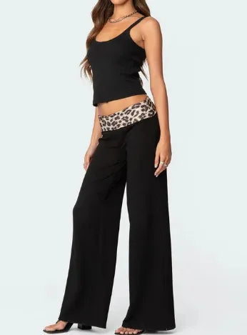 Women's spring and summer leopard print stitching micro-flared high-waisted casual trousers