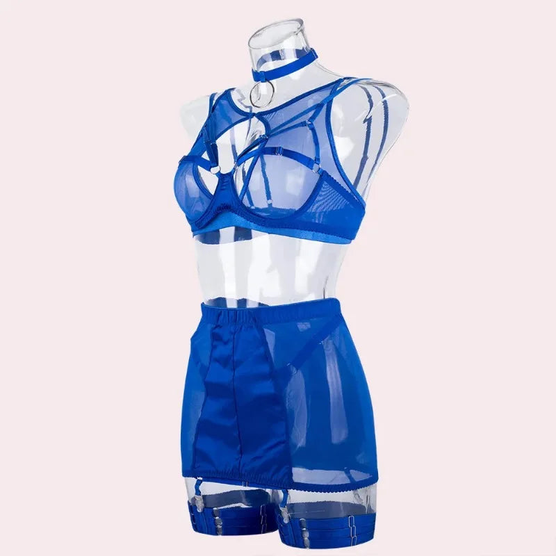 Toucheart 5-Pieces Erotic Lingerie Sexy Hip Skirt For Women Mesh Patchwork Hollow Out See-Through Lure Garters Underwear Suit