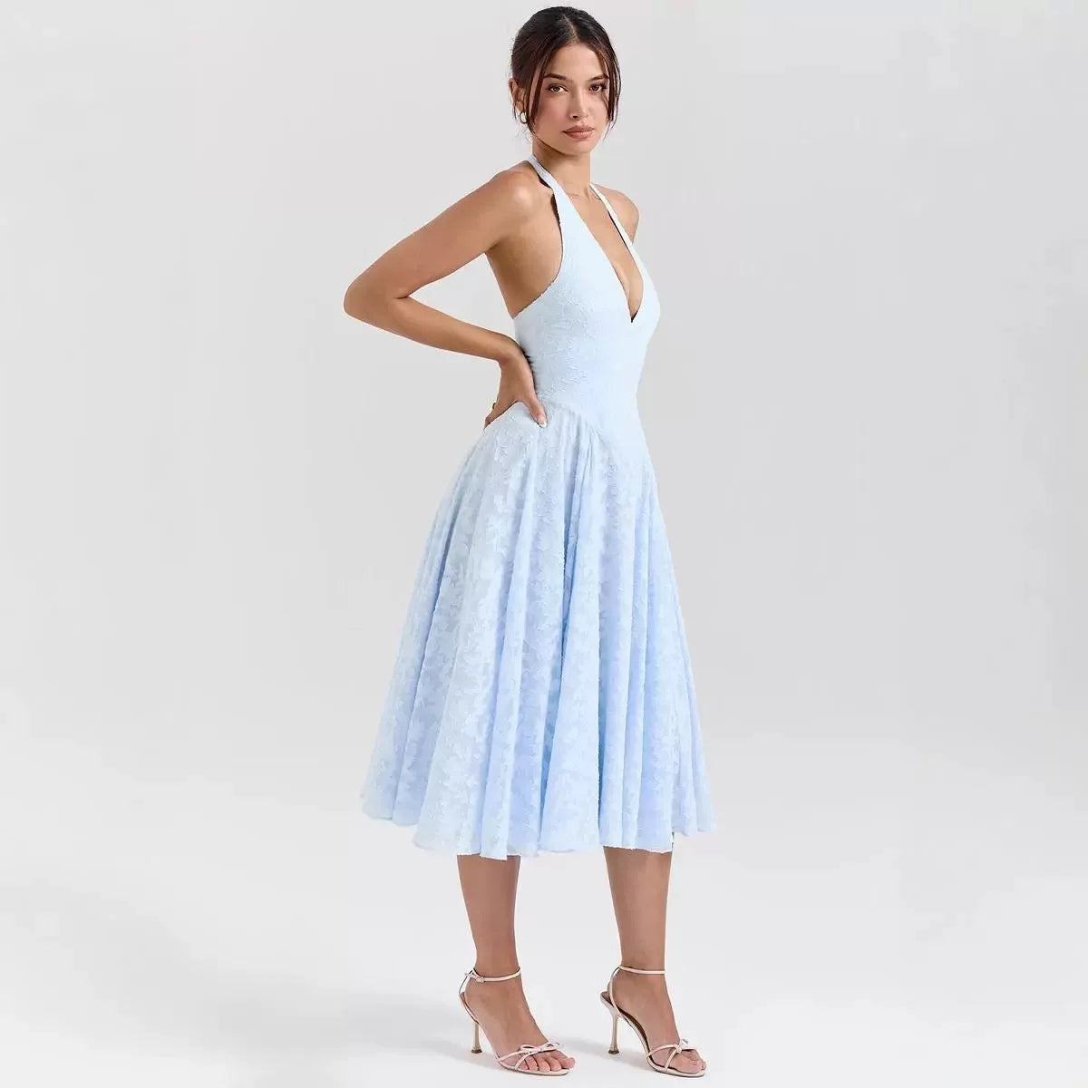 French Style Blue Jacquard Dress With French Vibe V-neck Backless Holiday Halter-neck Dress Niche Long Dress Pure Desire U633