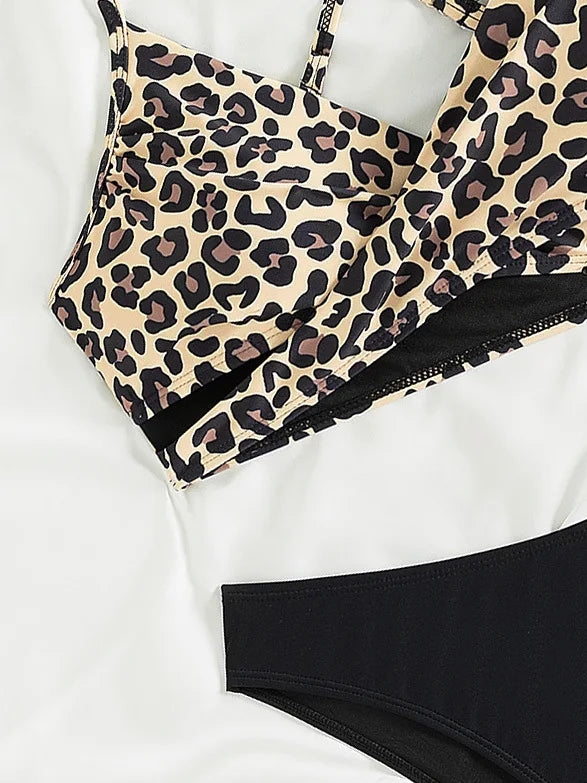 Sexy Leopard Print Cross Bikini Set 2026 Women Halter Push Up Black High Waist Swimsuit Summer Bathing Suit Two Piece Swimwear