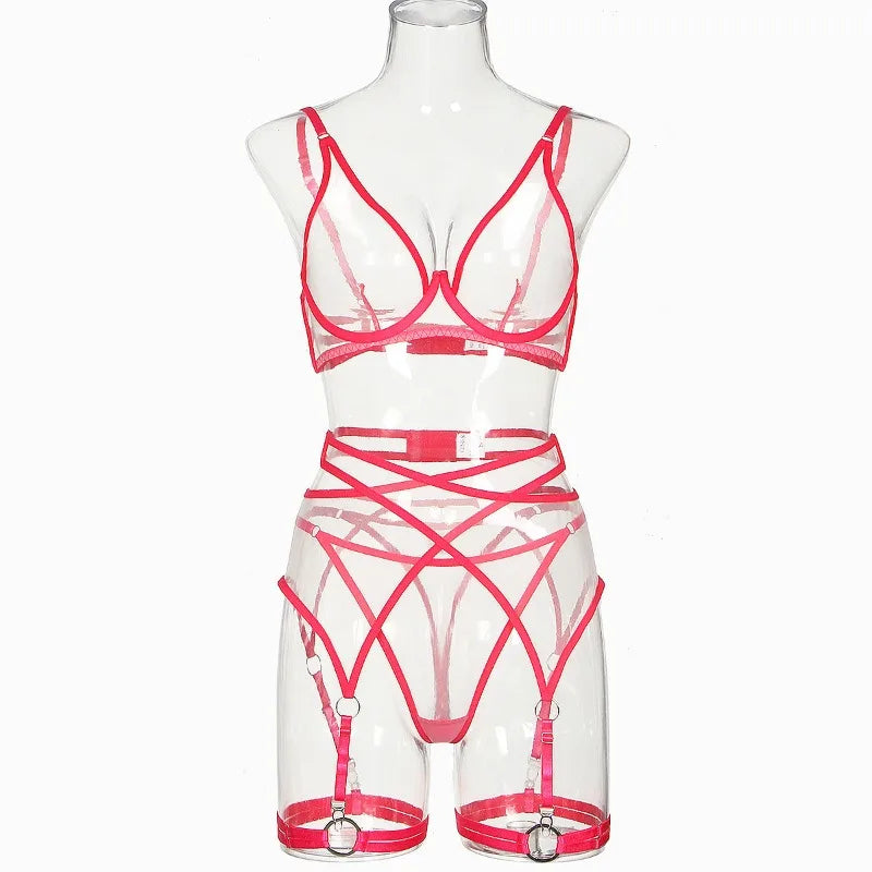 Toucheart 4 Piece Set Bra Set Nude See-Through Mesh Contrasting Color Hemmed Sexy Underwear For Women Girdle Garter Belt Suit