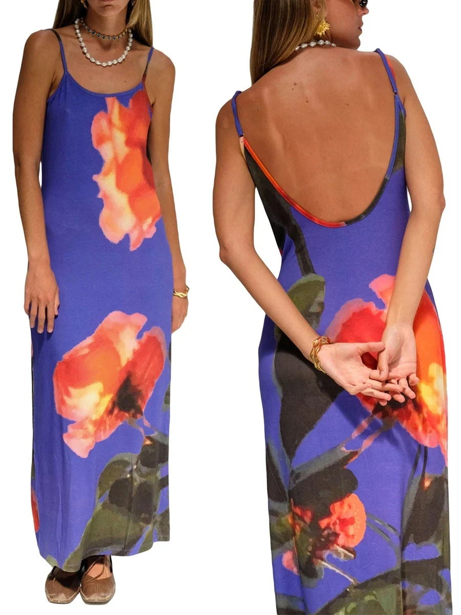 Summer Tie-Dye Floral Print Backless Party Dress Women Sleeveless Spaghetti Strap Sexy Bodycon Dress for Vacation Cocktail Beach