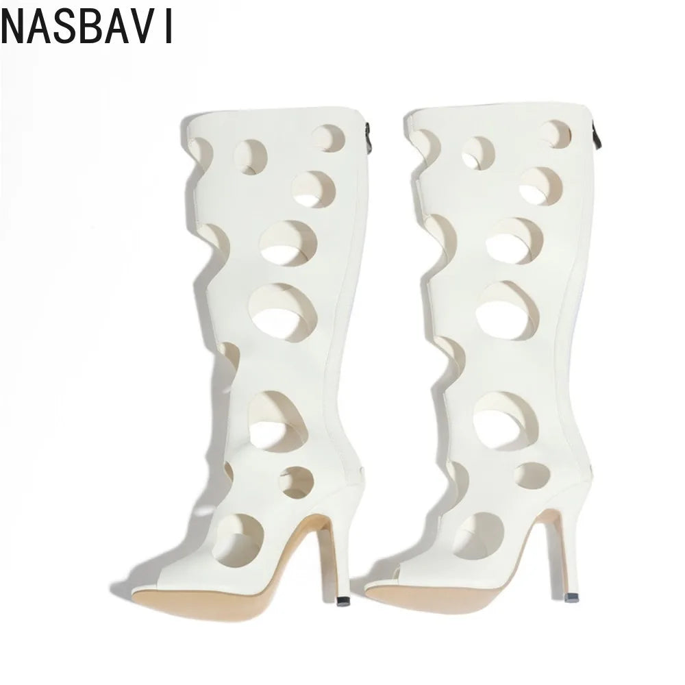 Big Size 43 Sexy Black Hollow Out Summer Boots Women White Thin High Heels Knee High Boots Stiletto Zip-up Peep Toe Party Shoes