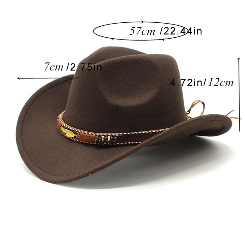 Women Men Wide Brim Floppy Cowboy Hat Western Style Wool Felt Flat Top Cap Classic Vintage Bowler Hat Party