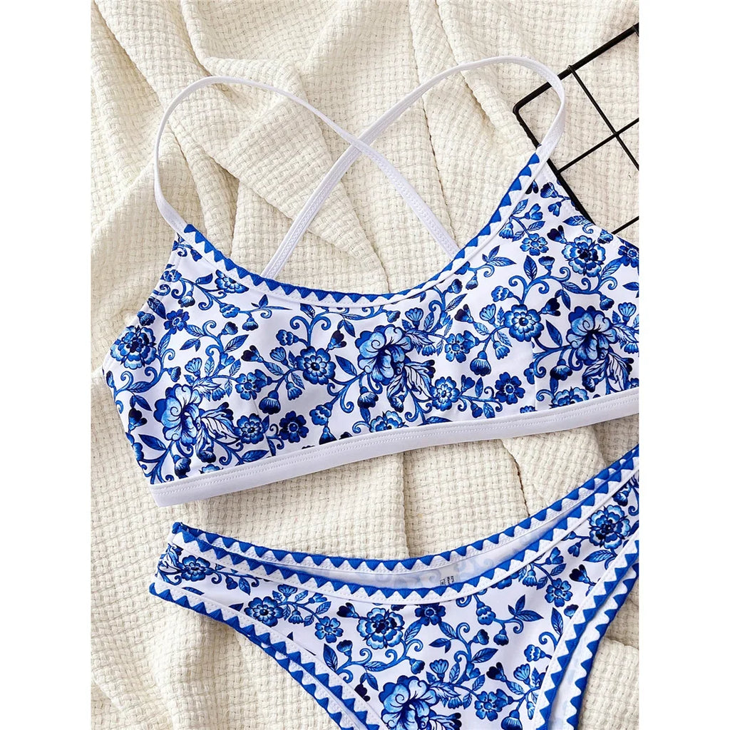 Floral Printed Cross Back Bikini Women Swimwear Female Swimsuit Two-pieces Bikini set Brazilian Bather Bathing Suit Swim K6705