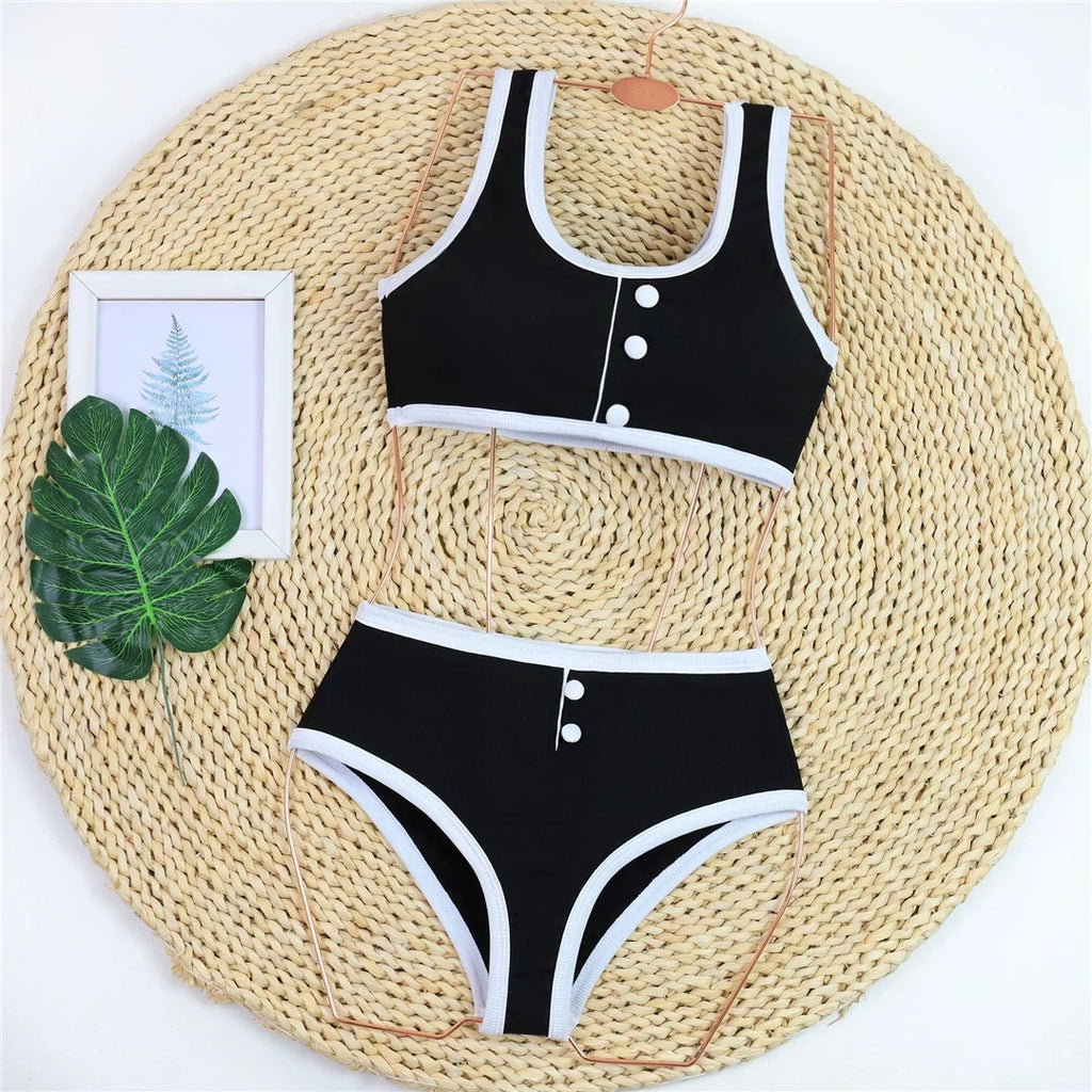 2026 New With Button Mid Waist Bikini Female Swimsuit Women Swimwear Two-Pieces Bikini Set Padded Bather Bathing Suit Swim V8315