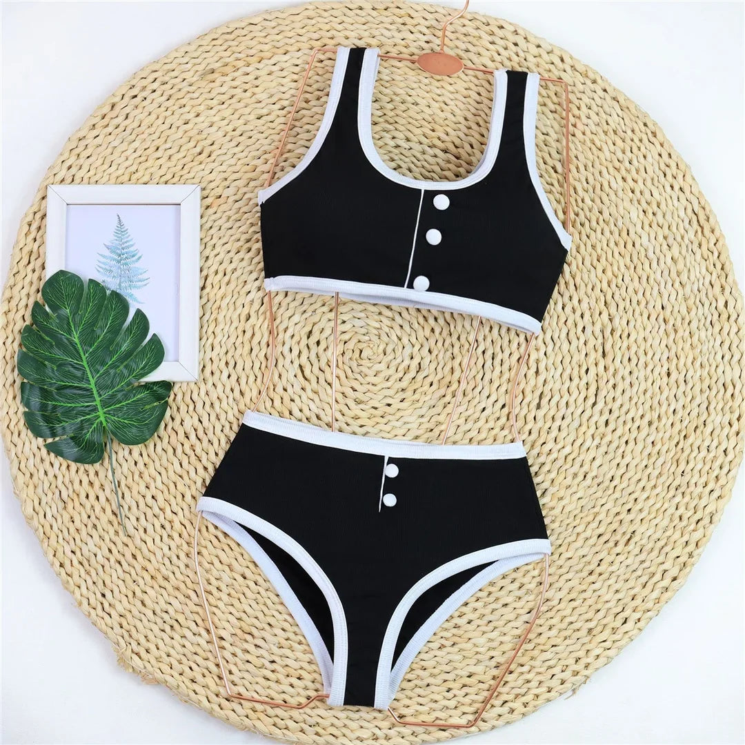 2026 New With Button Mid Waist Bikini Female Swimsuit Women Swimwear Two-Pieces Bikini Set Padded Bather Bathing Suit Swim V8315