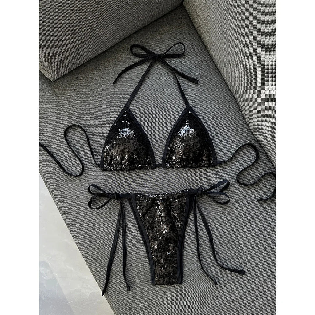 Sequins Halter Bikini Female Swimsuit Women Swimwear Two-Pieces Bikini Set High Cut Leg Padded Bather Bathing Suit Swim V8302