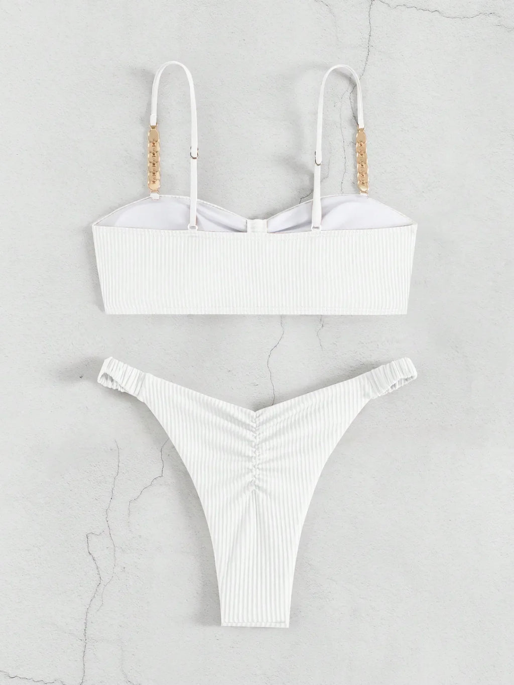 Front Knotted Metal Strap Ribbed Bikini Women Swimwear Female Swimsuit Two Pieces Bikini Set High Cut Bathing Suit Swim Beach