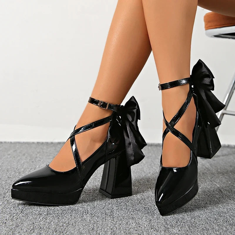 Punk Pointed Toe Thick Heels Mary Jane Shoes Women Bowknot Decor Cross Strap Platform Pumps Woman Patent Leather Party Shoes