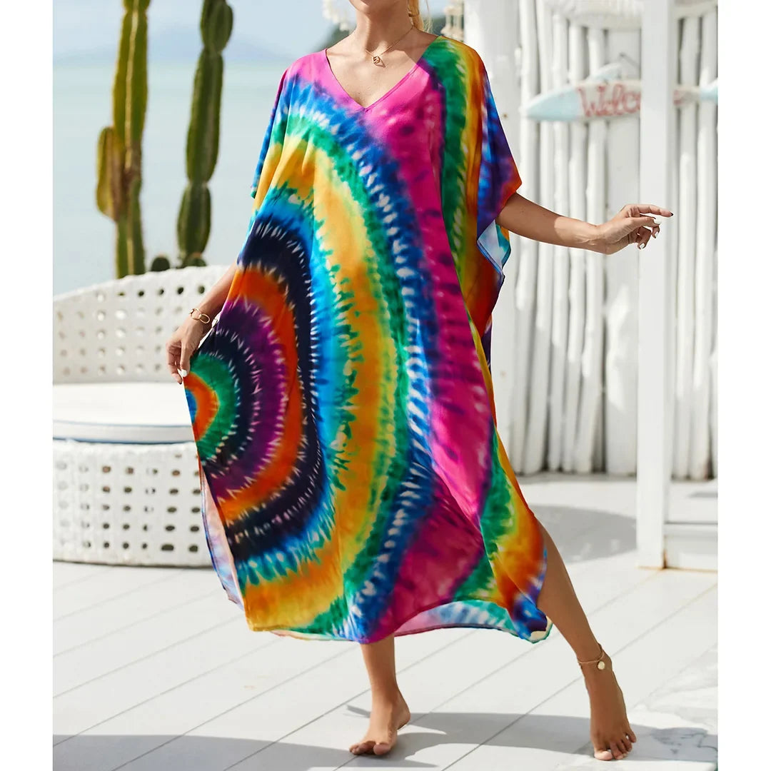 2026 New Colorful Kaftan Tunic Beach Dress Beach Wear Beachwear Beach Cover Up Cover-upsLoose Maxi Dress Female Women V4428