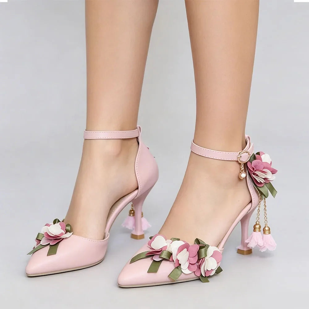 Small Big Size 32-46 Women's Elegant Pink Flowers High Heels Sandals Summer Sexy Pointy Toe Party White Wedding Sandals Shoes