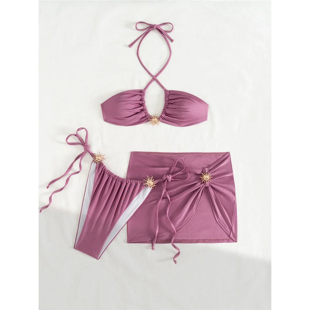 With Skirt Halter High Cut Strappy Bikini Female Swimsuit Women Swimwear Three-Pieces Bikini Set Bather Bathing Suit Swim V6398