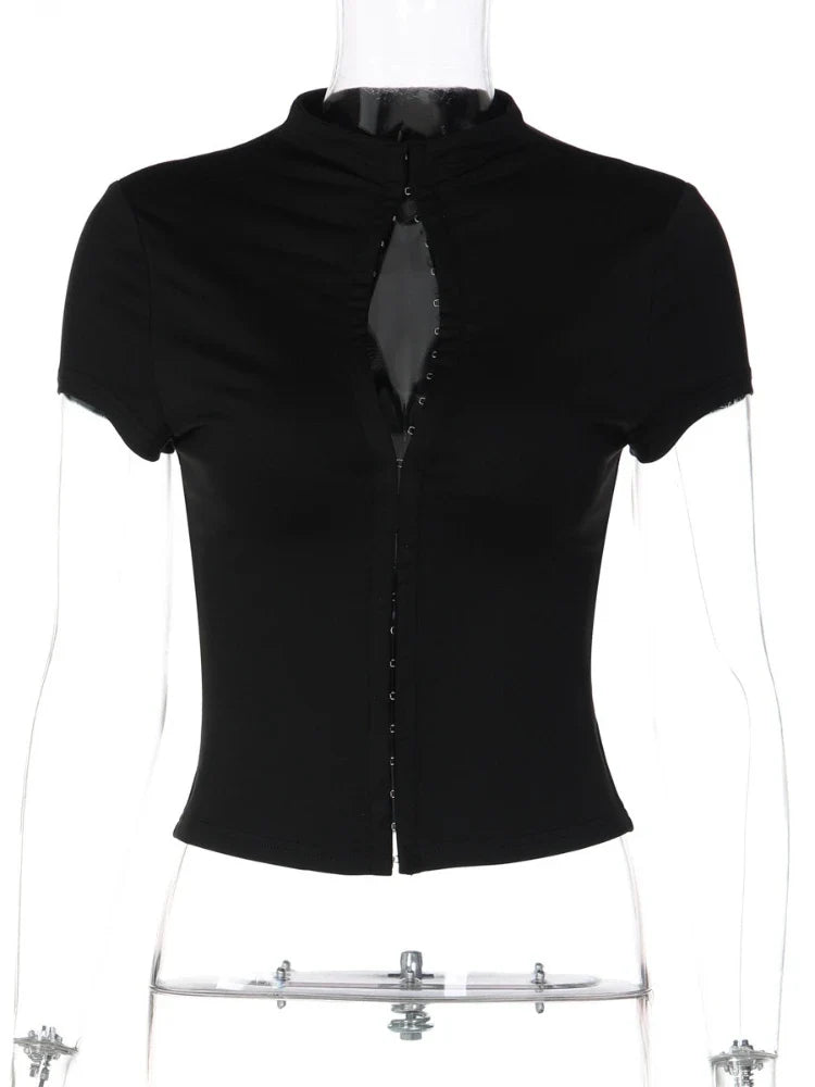 FDYOUI Woman Covered Buttons T-shirts 2026 Summer Short Sleeve Slim Cardigan Tops Ladies Chic Corset Tee Shirt White Black Red