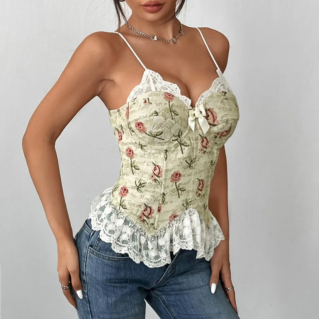Prairie Chic Style Women's Tank Top French Style Crop Tops Lace Strapless Camisole Lace up Fishbone Corset Lady Summer Outfit