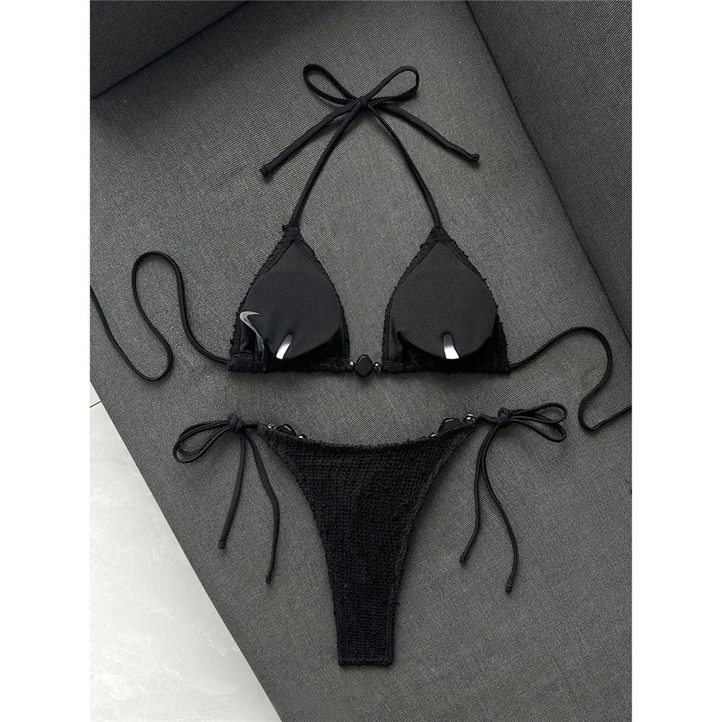 Halter Fishnet Bikini Women Swimwear Female Swimsuit Two-Pieces Bikini Set High Cut Leg Padded Bather Bathing Suit Swim V8339