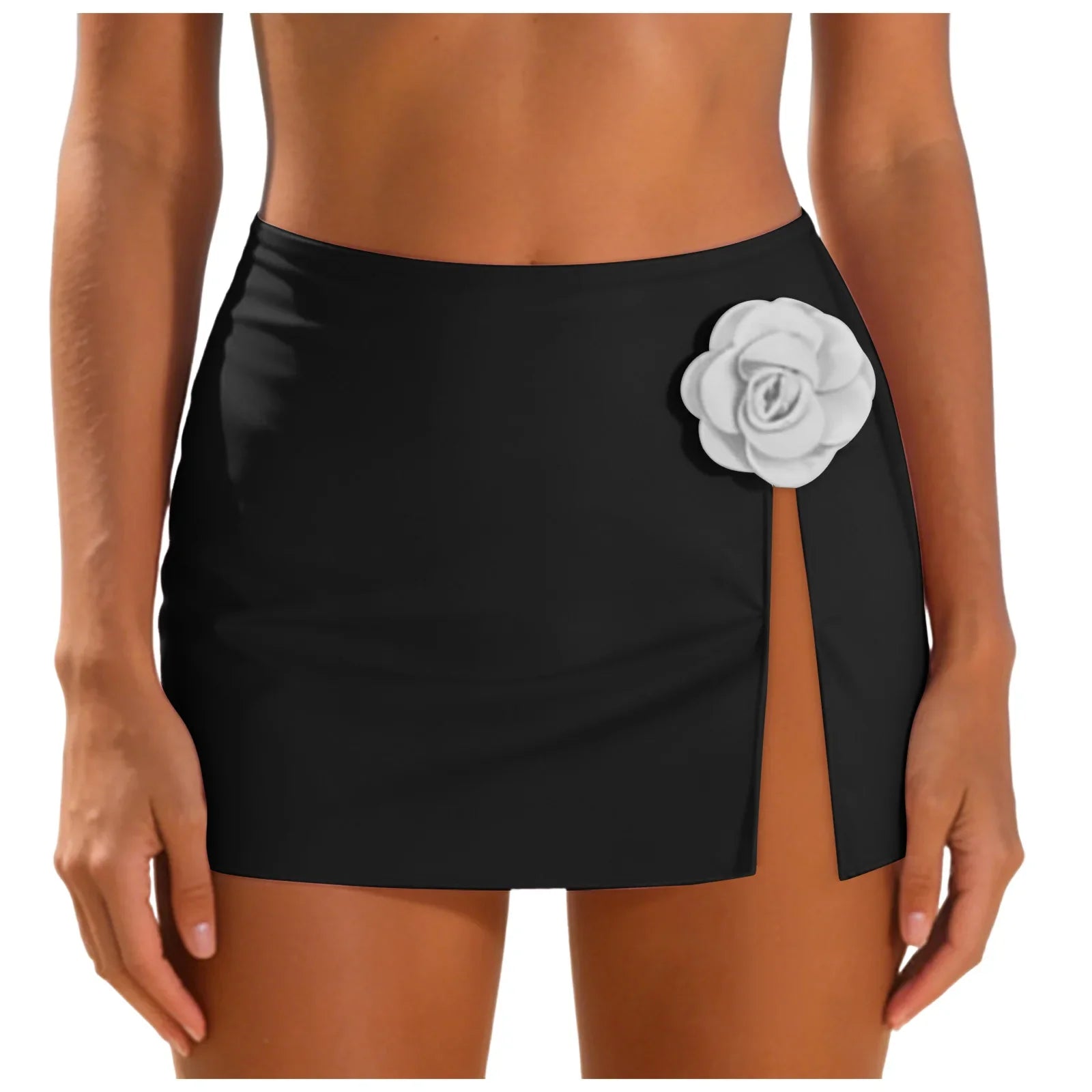 Women Black Swim Skirt 3D White Flower High Waist Side Slit Bikini Cover Up Skirts Beachwear Summer Vacation Beach Swimsuits