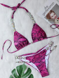 Snake Printed Halter Rhinestone Diamond Bikini Women Swimwear Female Swimsuit Two-pieces Bikini Set Brazilian Bathing Suit Swim