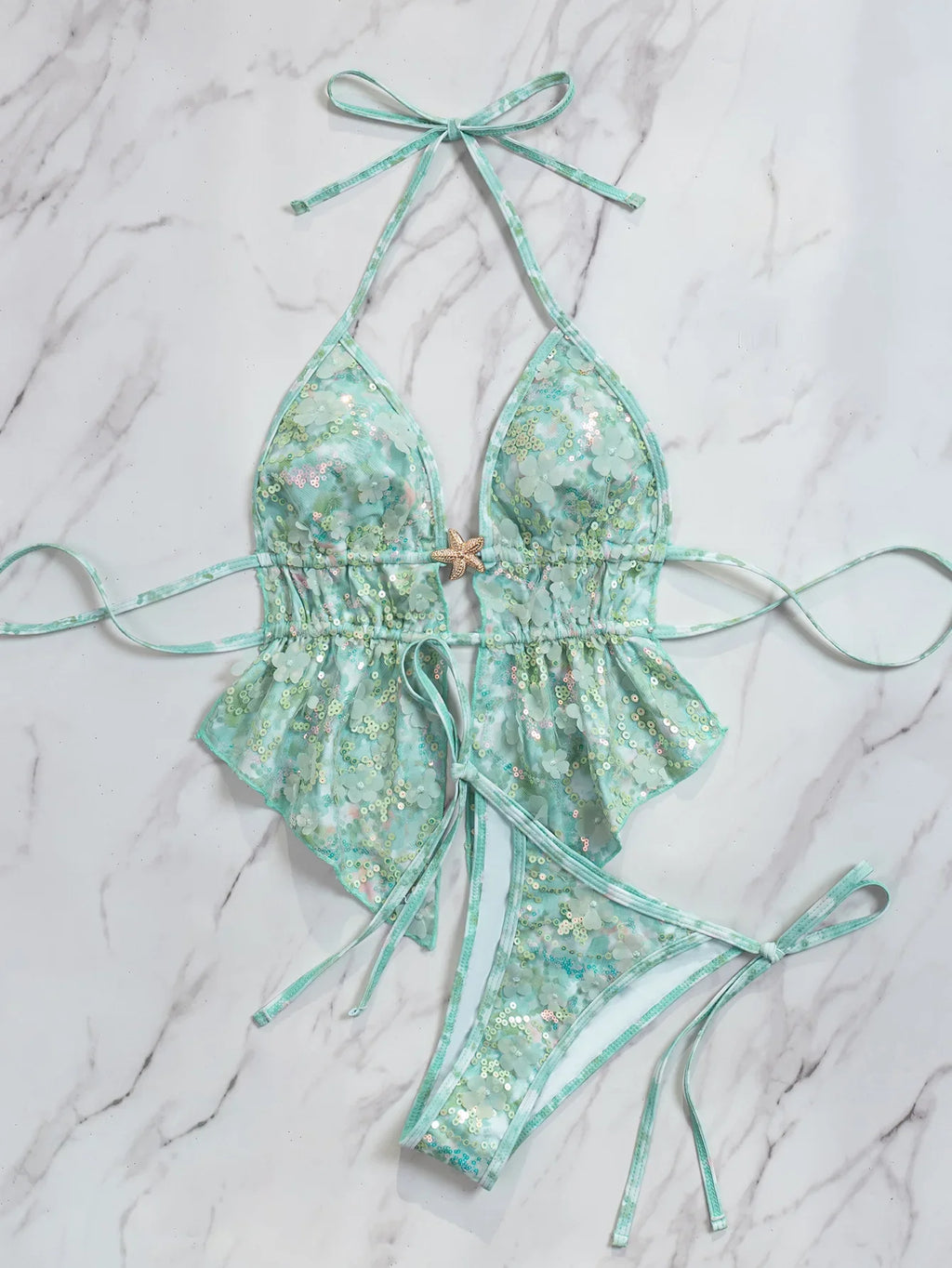 Sexy Sequin Green Bikinis Sets Women Metal Starfish Pleate Tank Top Tie Side Thong Swimsuit Beach Bathing Suit Swimwear 2026