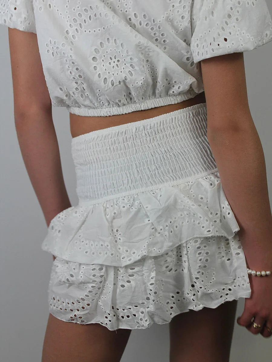 Shirred Mini Skirt A-Line Pointelle High Waist Layered Ruffle Skirt for Women 2024 Summer Solid Color Sweet Skirts