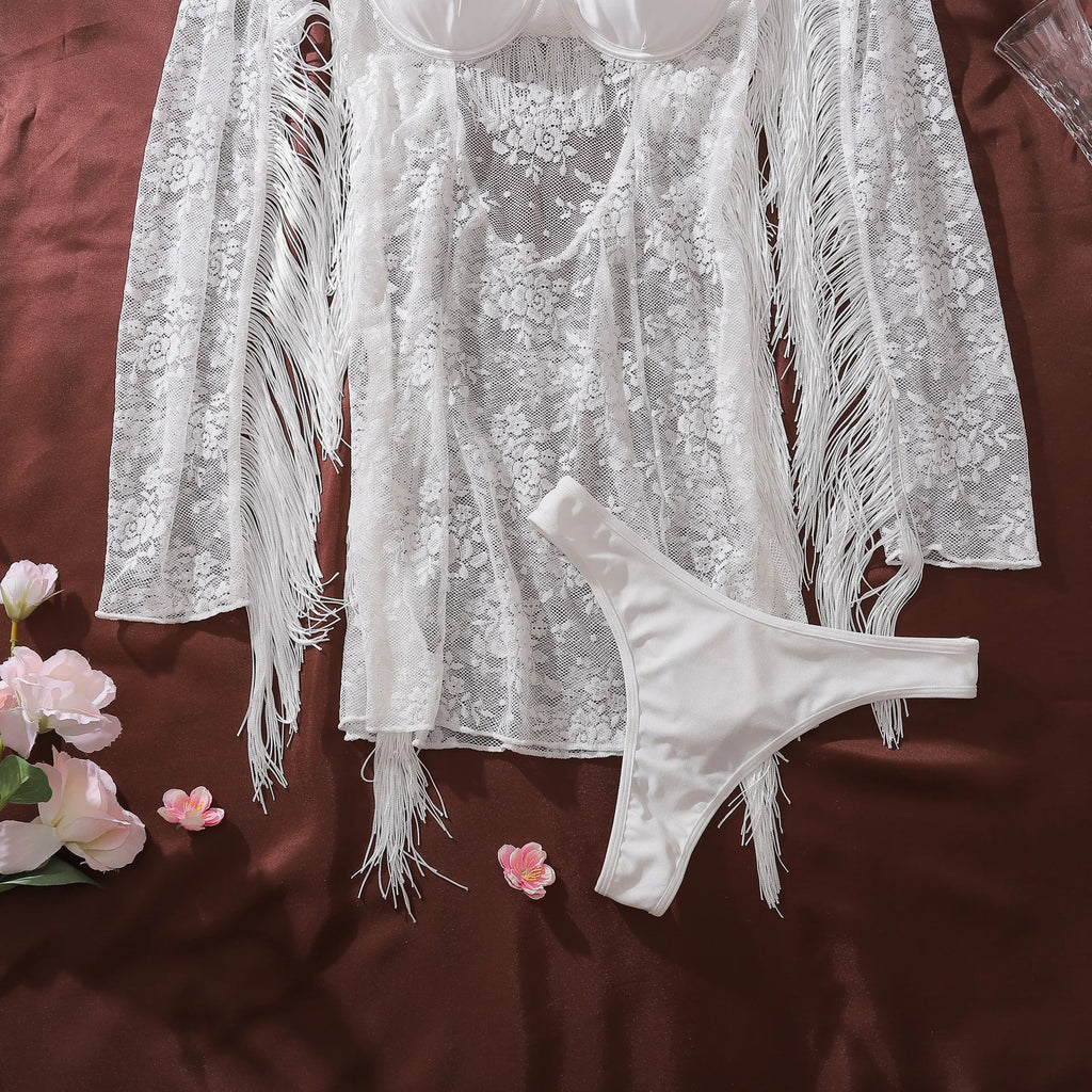 Toucheart Erotic Dress Elegant Palace-style Fringed Cardigan Spliced with See-through Intimate Lace Purelust Hip-hugging Dress