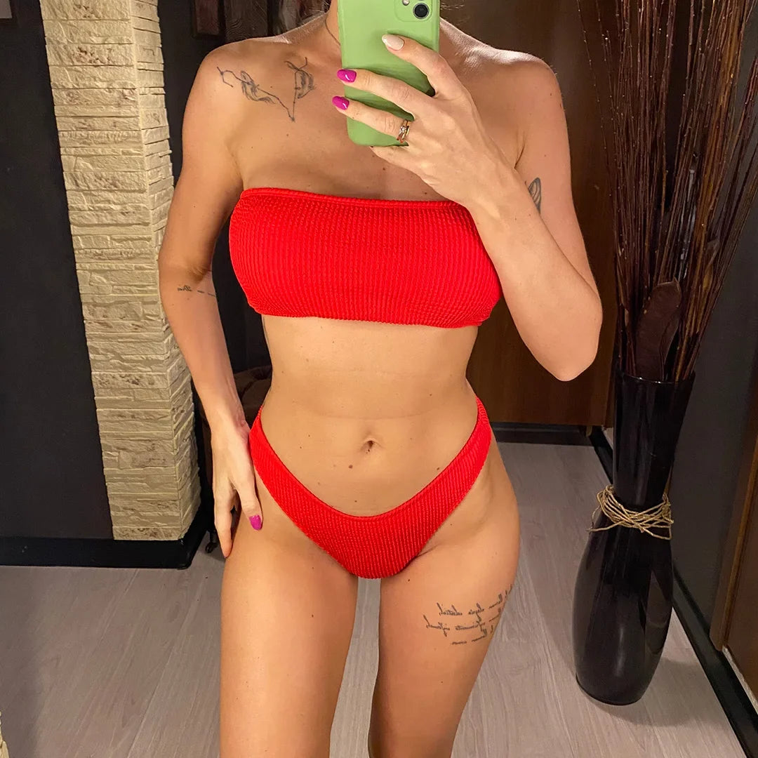 Bandeau Wrinkled Crinkled Bikini Female Swimsuit Women Swimwear Two-pieces Bikini set High Cut Bather Bathing Suit Swim V3314