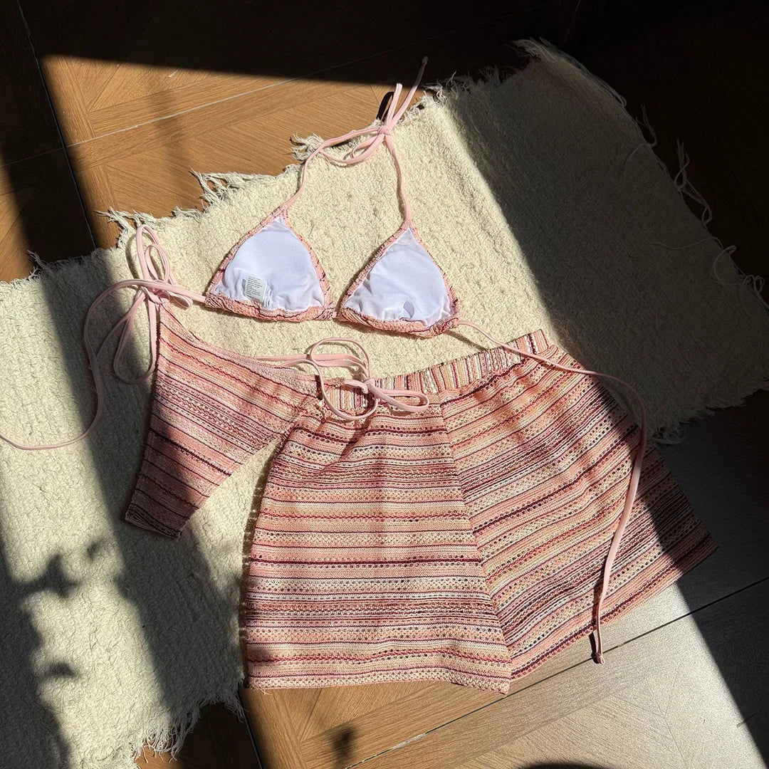 Striped Halter High Cut With Shorts Bikini Three-pieces Bikini set Female Swimsuit Bathing Suit Women Swimwear Bather Swim V6326