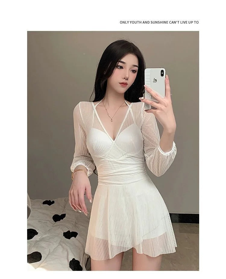 Swimsuit Women's Summer New One-piece Skirt Style Slimming Lace Long Sleeved Small Chest Steel Support Hot Spring Swimsuit