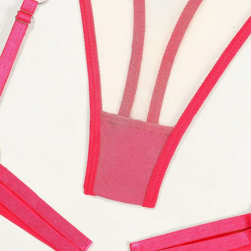 Toucheart 4 Piece Set Bra Set Nude See-Through Mesh Contrasting Color Hemmed Sexy Underwear For Women Girdle Garter Belt Suit
