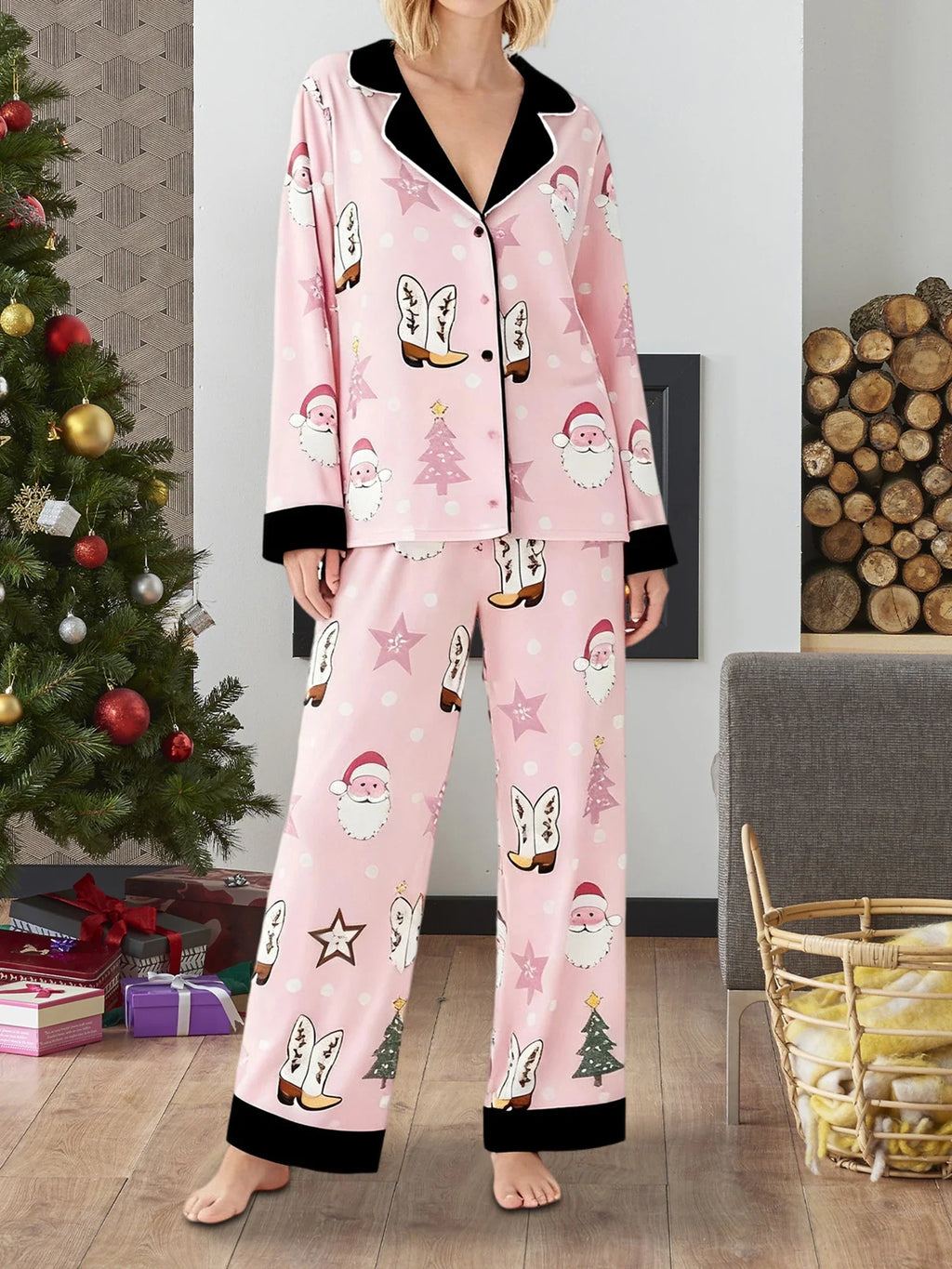 Women's Christmas Pajamas Set Long Sleeve V Neck Stocking Tree Print Tops and Pants Lounge Wear Two Pieces Suits
